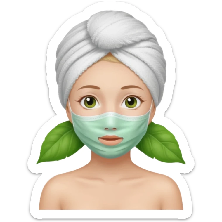 Una chica con una toalla en la cabeza y en el cuerpo y con una mascarilla facial  sticker