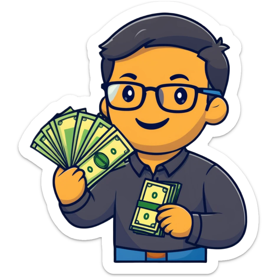 Indian finance bro with glasses, smiling, holding a stack of money, cartoon sticker sticker