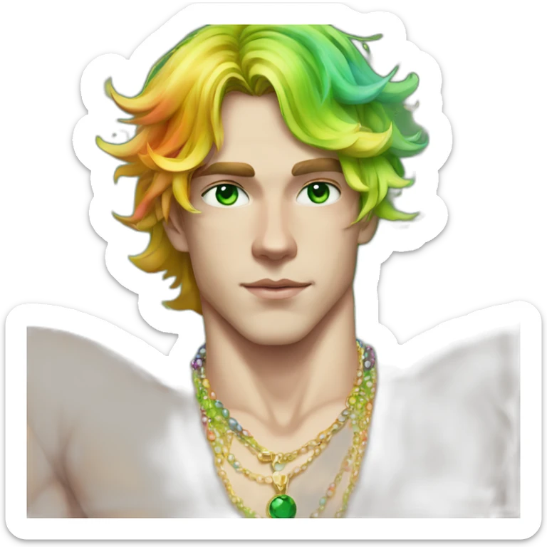 Posh-muscle-boy-green-eyes-rainbow-hair-pearl-necklace-in-golden-bathtub sticker