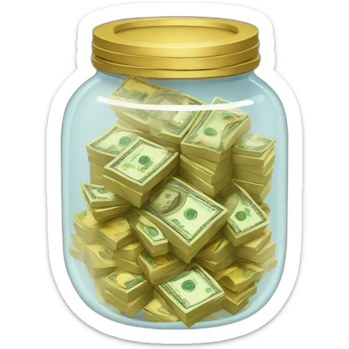 A clear jar with no lid overflowing with stacks of cash and gold  sticker