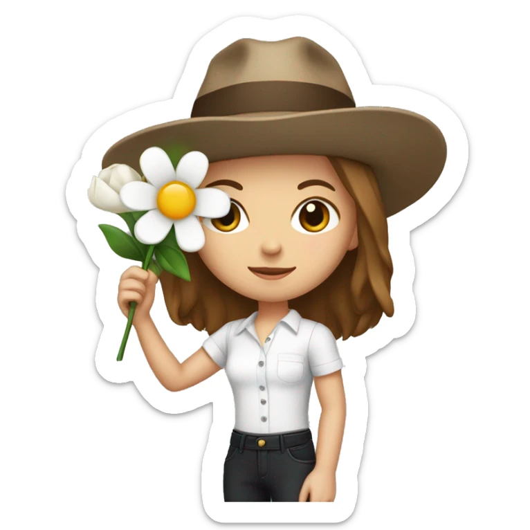 white girl with a flower in her hand, with a hat, shoulder-length brown straight hair, wearing jumpsuit with white shirt in it sticker