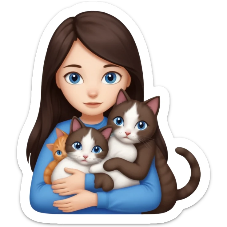 a girl with long dark 
brown hair, with blue eyes, hugs 3 different natural coloured cats sticker