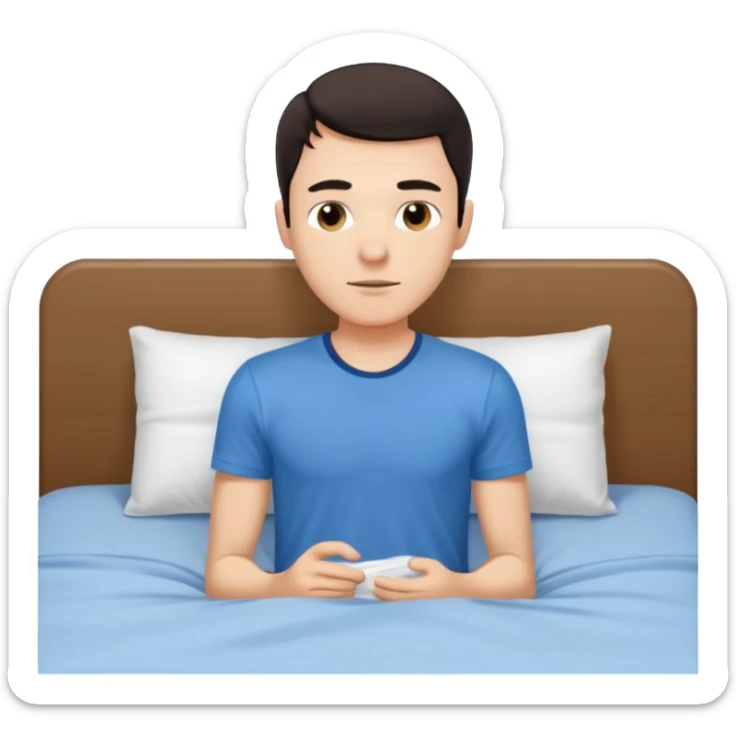 rapaz jovem magro de cabelo escuro, com camiseta azul e cueca branca ao lado de uma cama sticker