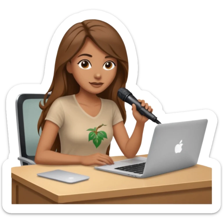tanned brown long hair woman, sat at desk with MacBook, podcast microphone bleige top and vine color, sexy, glass table sticker