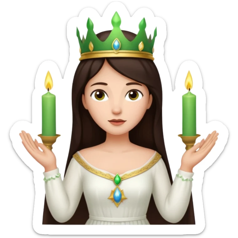  saint lucia with dark brown hair with a white gown and a green crown with candles on the crown sticker