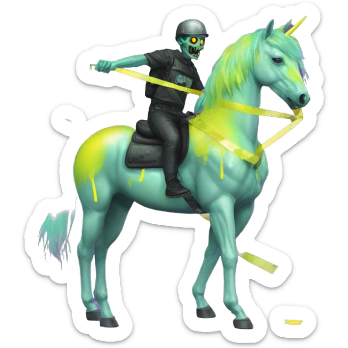 .Zombie_ Vaporwave black holographic oilslick zombie unicorn yellow caution tape graffiti Pegasus sticker