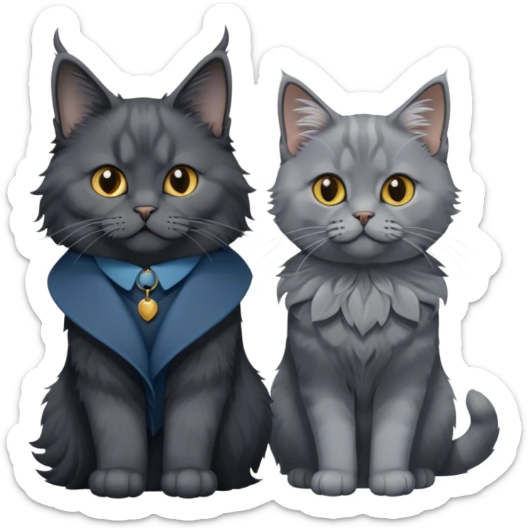 Portrait of a black smoke Maine Coon cat with long grey ear tufts and a thick grey collar, alongside a British Shorthair cat with a solid blue coat. Both cats with detailed fur textures and playful expressions. Soft, elegant background with warm, natural tones. Transparent background. sticker