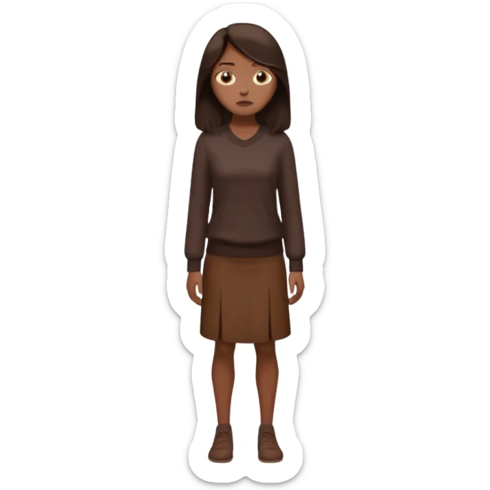=Cartoon emoji of a woman with long, loose dark hair, wearing chocolate-colored clothes. Full-height, standing, nervous, unsure, worried expression. Slightly hunched, anxious posture. Smooth, simple, stylized sticker