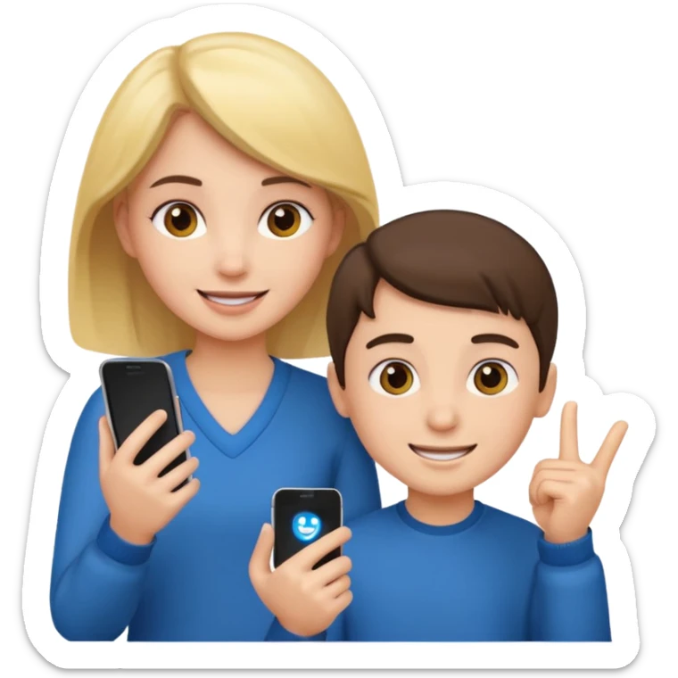 Make an emoji of a girl who is teaching a boy how to make emojis - girl is giving instructions and boy is on phone learning how to make emojis. sticker