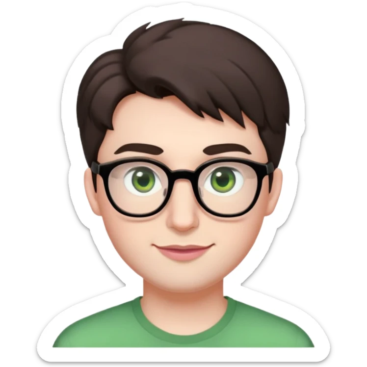 Young man with short but voluminous poofy dark brown hair, green eyes wearing glasses, wide face with eyes set apart, bigger ears, very pale skin, slightly bigger nose, fuller darker pink lips with a smile, and very light stubble sticker