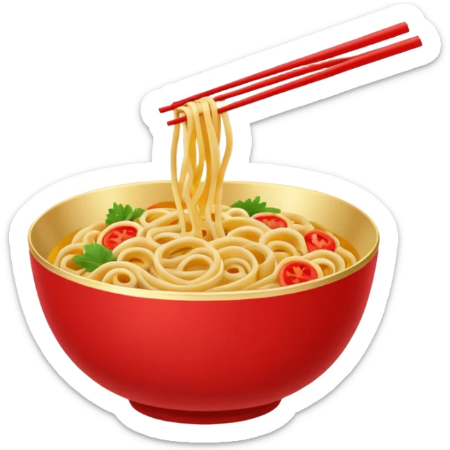 Chinese cuisine humanless avatar in bright emoji-style illustration. Noodles bowl, red and gold colors, simple shapes, flat design, bold and energetic. sticker