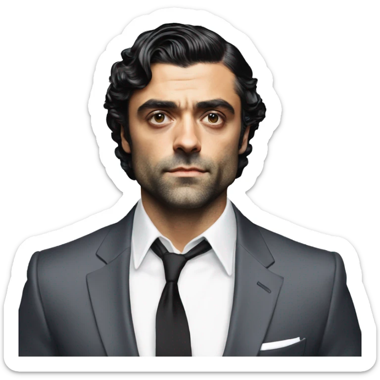 Oscar Isaac in a suit and tie sweaty, shirt clinging to his body sticker