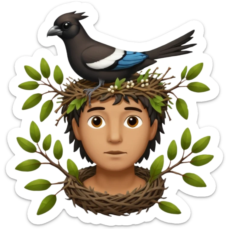A man who has a magpie birds nest on top of his head for hair sticker
