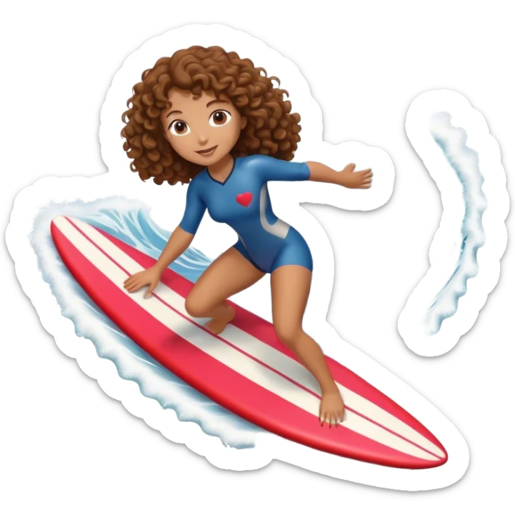 Woman with brown curly hair surfing wave in 3d heart sticker