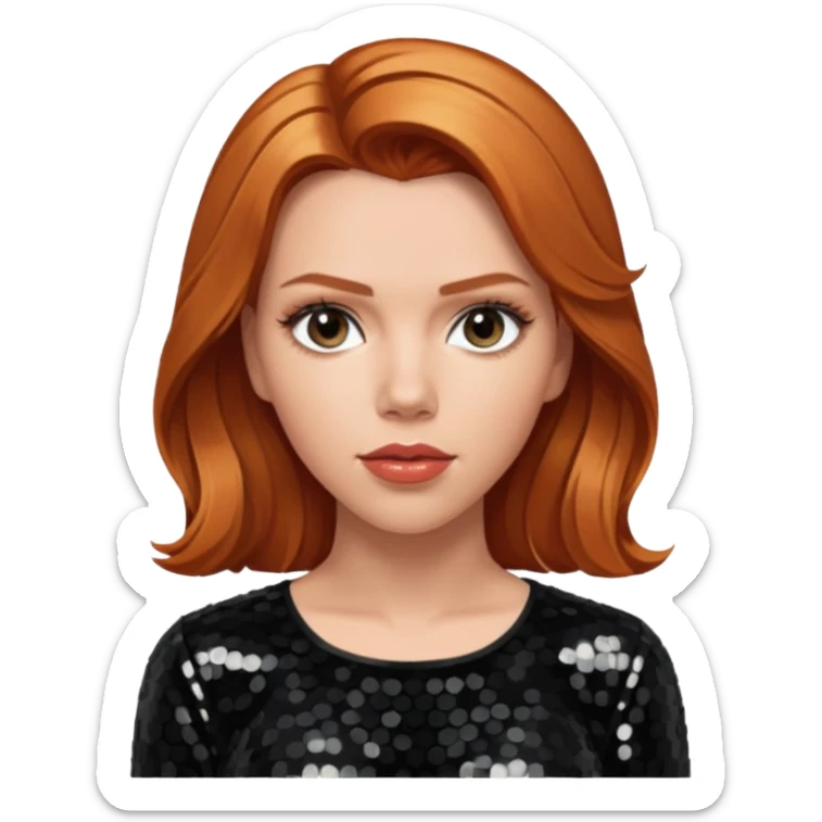 Scarlett Johansson with long reddish blonde hair, black sequin outfit sticker