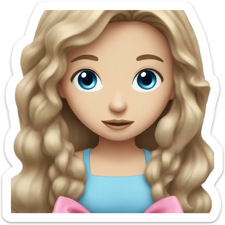 pretty brunette girl with blue eyes and a pink bow in her long hair sticker