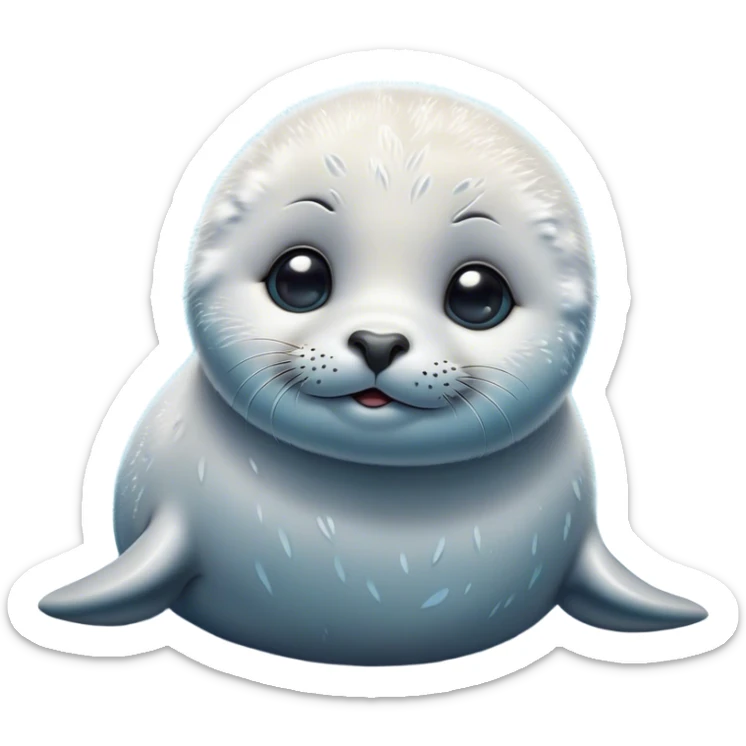 Cinematic Cute Baby Seal Portrait Emoji, Head tilted playfully and inquisitively, featuring a charming, pudgy body with velvety, damp fur, oversized round eyes brimming with innocent wonder, and a soft, cuddly face, Simplified yet irresistibly adorable features, highly detailed, glowing with a warm, frosty glow, high shine, affectionate and lively, stylized with a touch of whimsical polar magic, soft glowing outline, capturing the essence of a mischievous yet loving baby seal that seems as if it could waddle out of the screen into your arms! sticker
