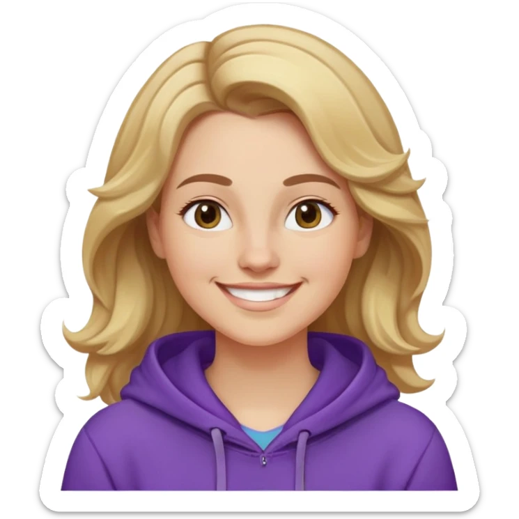 Mujer caucasian, cara redonda, cejas suaves, pelo ondulado castaño claro con puntas rubias, raya al lado. Sonrisa amplia, expresión feliz. Hoodie lila puesta sticker