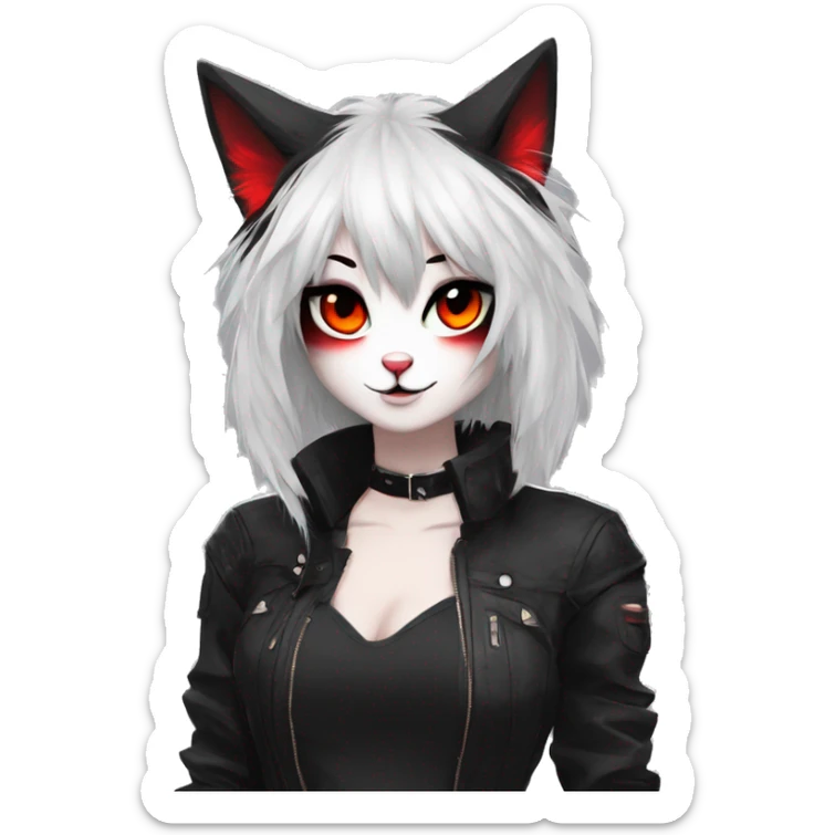 Anthro Edgy Cool Beautiful Black Cat-Fursona with Emo Hair-bangs with Red Streaks sticker