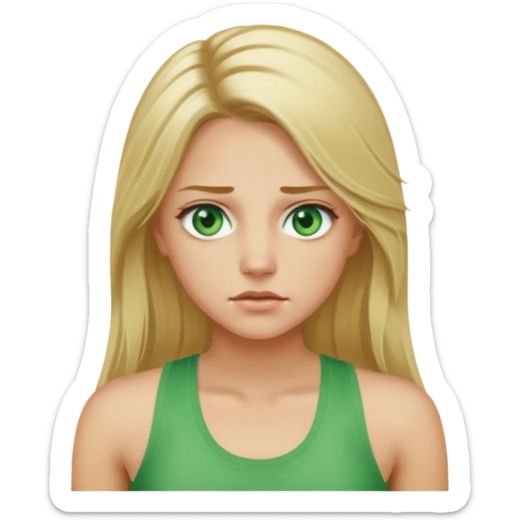 Female, long blonde hair, green eyes, sweating a lot, wearing a tank top sticker