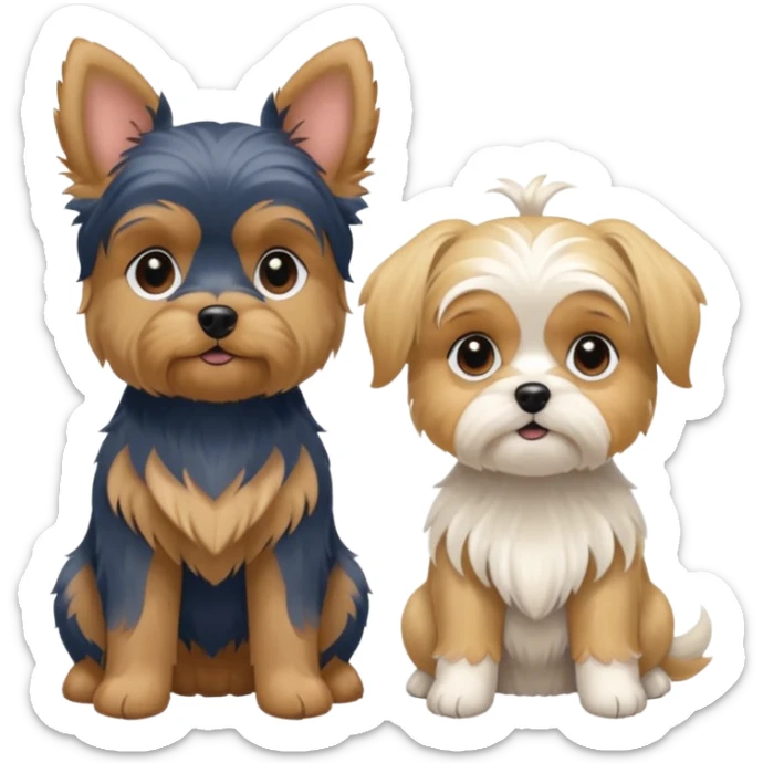 Generate a blue and tan purebred yorkie with a blonde shi tzu yorkie mix with floppy ears sitting next to each kther sticker