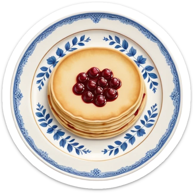 scandinavian round crepes with jam on white porcelain plate with blue floral vintage design sticker