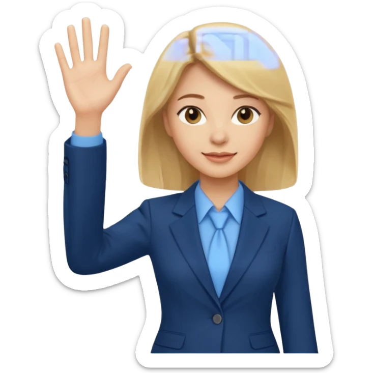 Make emoji of business woman with light skin and medium blonde hair in a dark blue business suit and light blue shirt waiving to new clients sticker