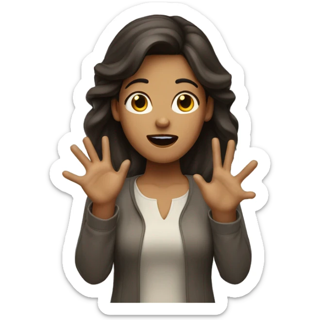shocked woman with light skin dark brown hair hands up, surrendering sticker