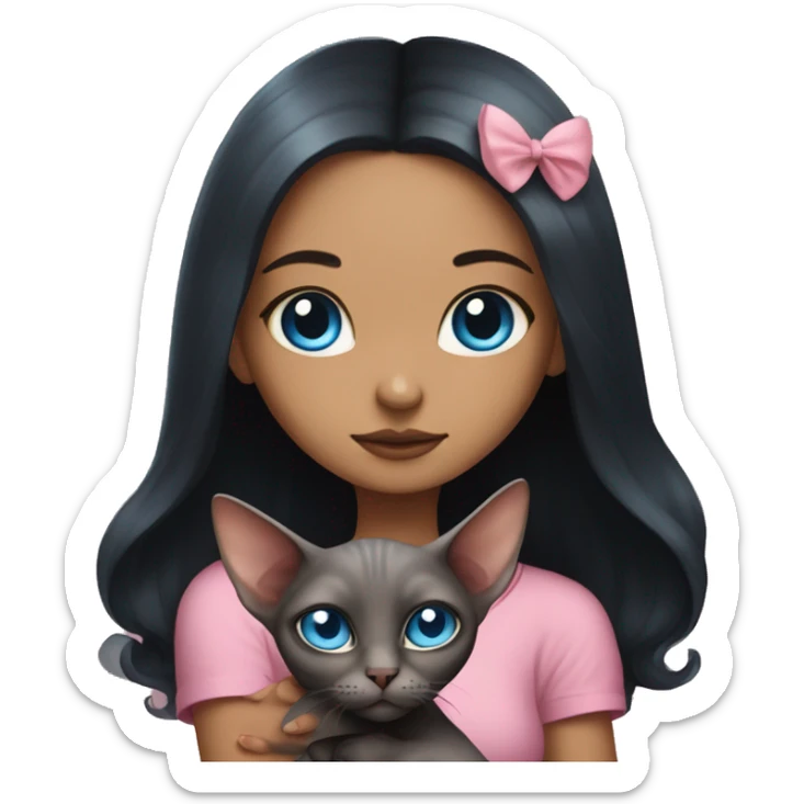 A girl with long black hair holds a pink sphinx cat with blue eyes in her arms sticker