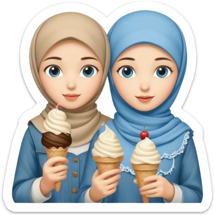 Turkish beautiful finish Konya two girls blue eyes with beige denim hijab islamic dress and had on her hand ice cream sticker