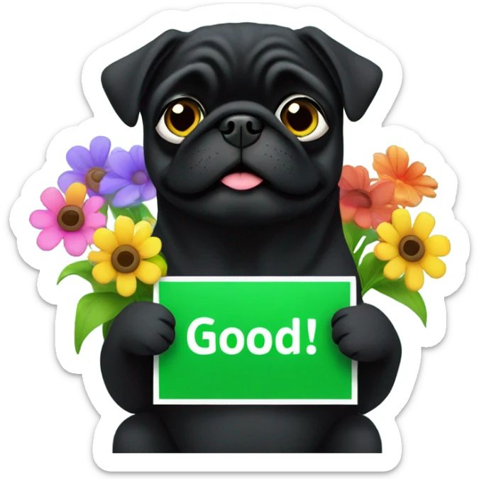 Black pug , sitting in flowers, holding a green sign that says “good luck”  sticker