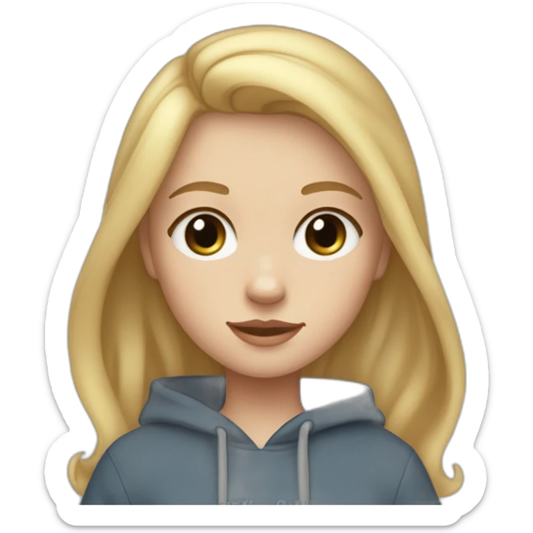 A blonde girl  with smooth hair and a ray in the middle of his hair, blue eyes, she has light skin a few freckles, and she wear a hoodies and she Carries in his arms a black baby labrador dog sticker