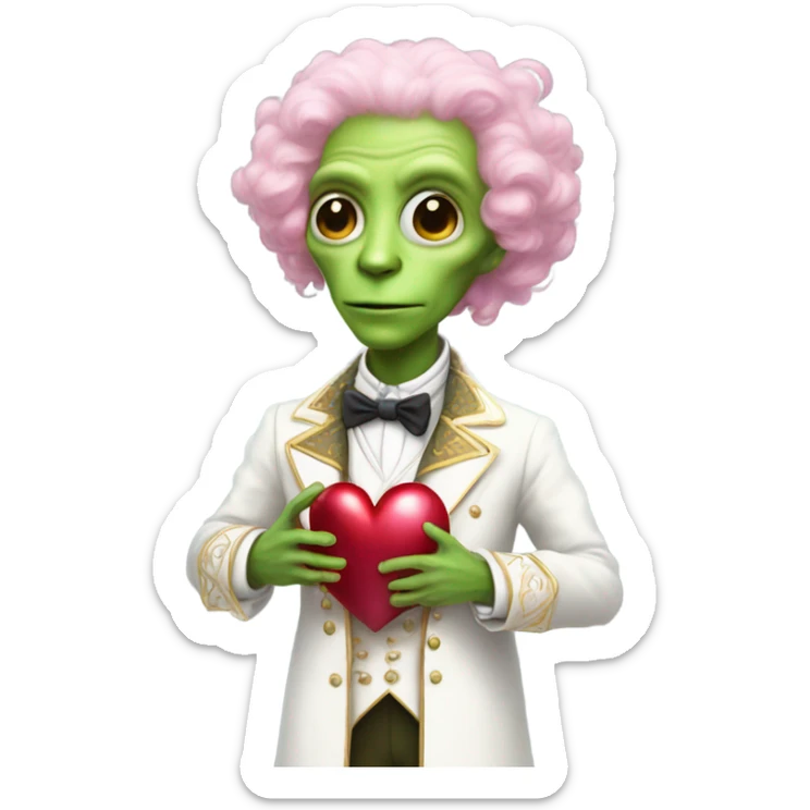 a green alien man in Victorian dress white gold, pink hair,holdig, red big hearth, full body sticker