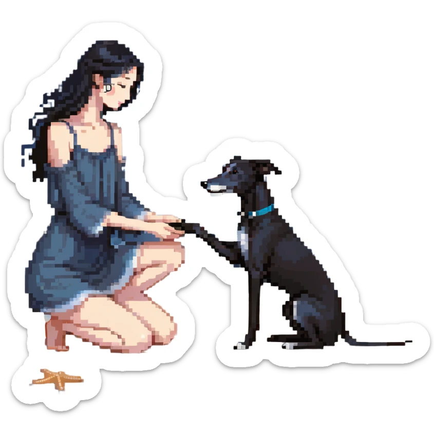 A very beautiful and attractive 25-year-old Japanese woman with long flowing black hair gently petting a SOLID DARK GREY whippet on a beach at night under a starry sky. The woman's hand is lovingly stroking the whippet. The whippet MUST be COMPLETELY SOLID DARK GREY with ABSOLUTELY NO WHITE MARKINGS ANYWHERE - no white chest, no white face, no white paws, no white tip on tail - ENTIRELY ONE SOLID DARK GREY COLOR throughout the entire dog. Deep blue night sky filled with bright stars, moonlight reflecting on the ocean, sandy beach in the foreground. sticker