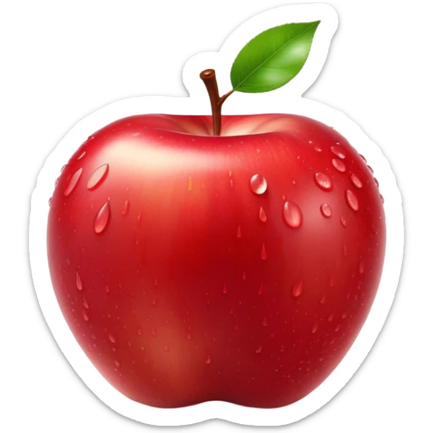 Cinematic crisp, shiny red apples, glistening under soft natural light, perfectly round with tiny water droplets, warm rich hues, highly detailed and fresh. sticker