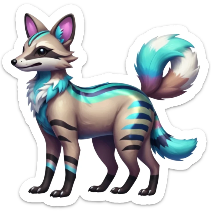 Shiny Neon Glossy Silvally-Aardwolf-Tanuki-Genet-Bobcat-fusion-animal-hybrid-creature, full body sticker