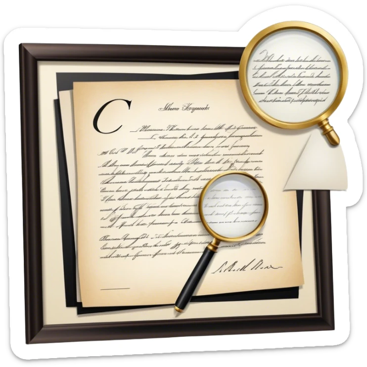 Icon for Autograph Collecting: a signed piece of paper or book page with a famous signature, surrounded by a magnifying glass, and a collection of several framed autographs. Transparent background. sticker