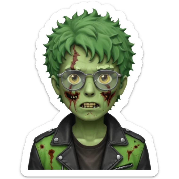 Hombre zombie de piel verde con chaqueta de cuero punk, pelo rizado corto y gafas sticker