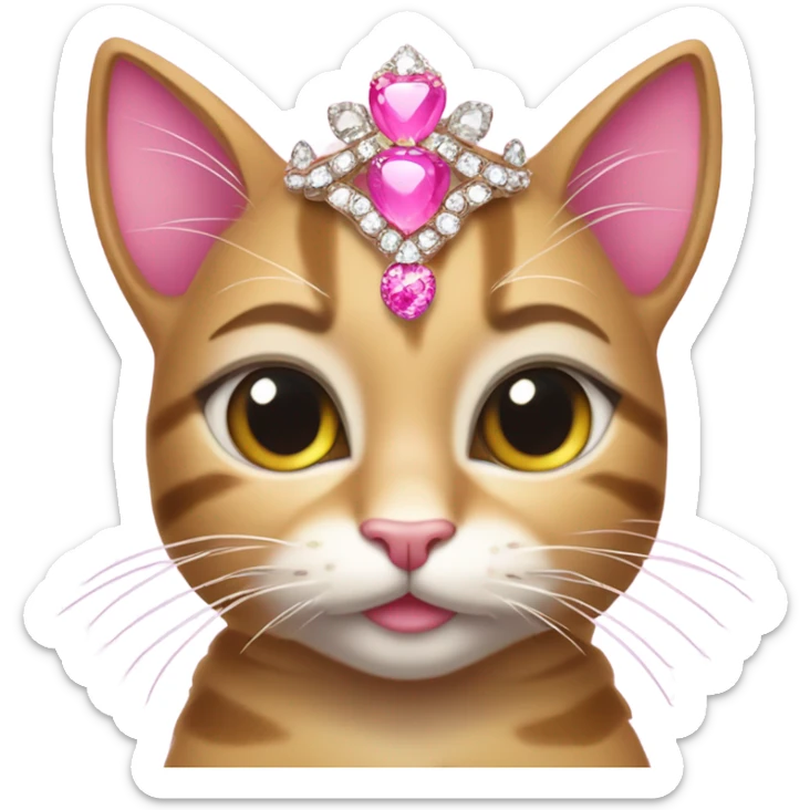 Tabby cat with big lashes and a pink tiara, glittery pink claws, glittery jewelry and earrings sticker