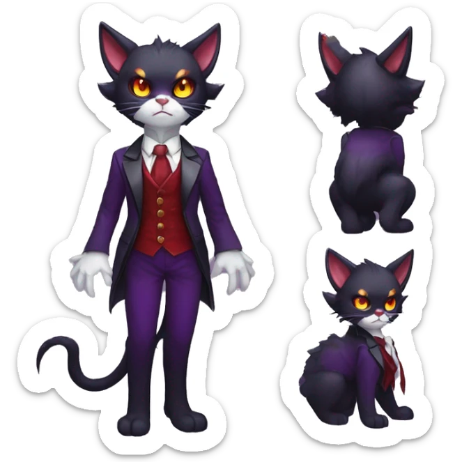 Cute-Evil-Vampiric-Batty-Cat-Black-Purple-Red-Yellow-Contrast-Colors-Fantasy-Fur-Sona-Chibi-Shiny-Fakémon-Hybrid with horns and big fangs neck bow white tie leg spats full body sticker
