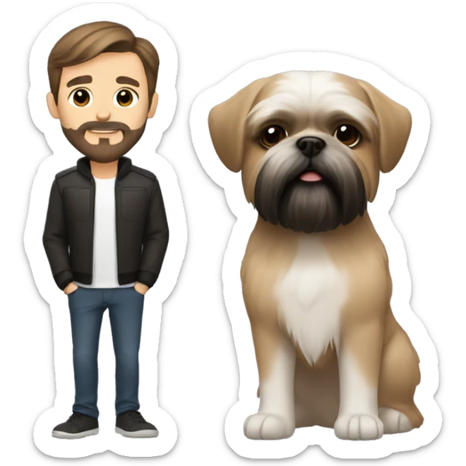 Short haired man with short beard and mustache, brown eyes and hair. With a black and brown Shih tzu beside. sticker