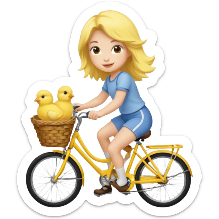 A cartoon girl riding a bicycle with a basket full of baby chicks, 1:1 square ratio. sticker