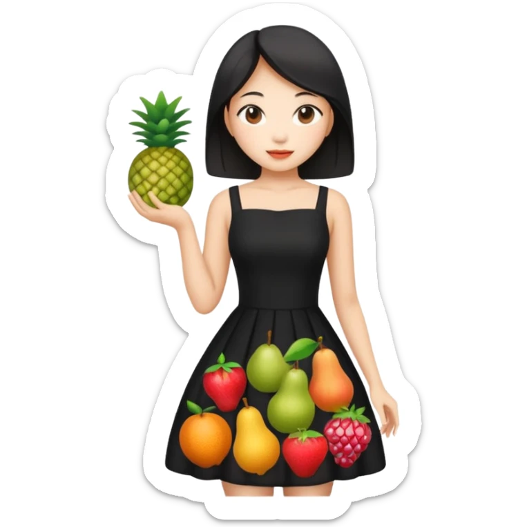asian young woman in black dress with images of fruits on it sticker