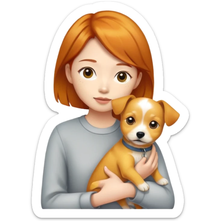 an asian girl with ginger hair, holding a yellow terrior dog sticker