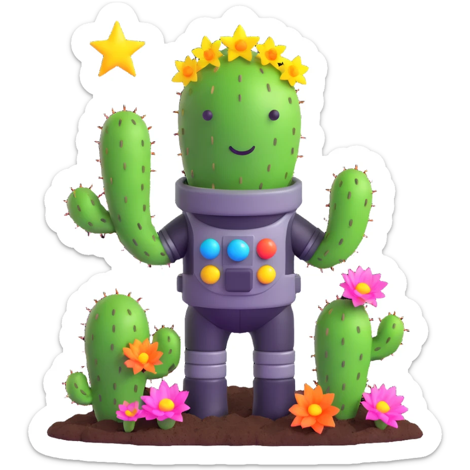 A spacesuit-wearing cactus blooming neon stars instead of flowers, with mini planets on its prickles sticker