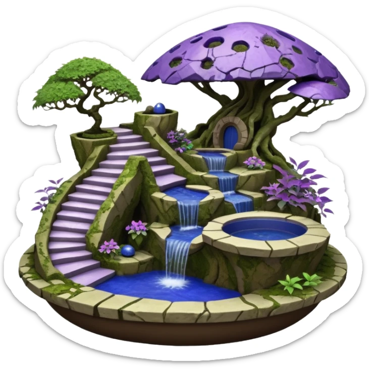 Alien saucer house jungle-vines stairway fountain mountain-island landscape antique mudman very old broken cracked intricate Stone Age lapis-crusted irregular dodecagon-shaped shallow dark moss rough bark violet serissa flowered maple tree bonsai pot sticker