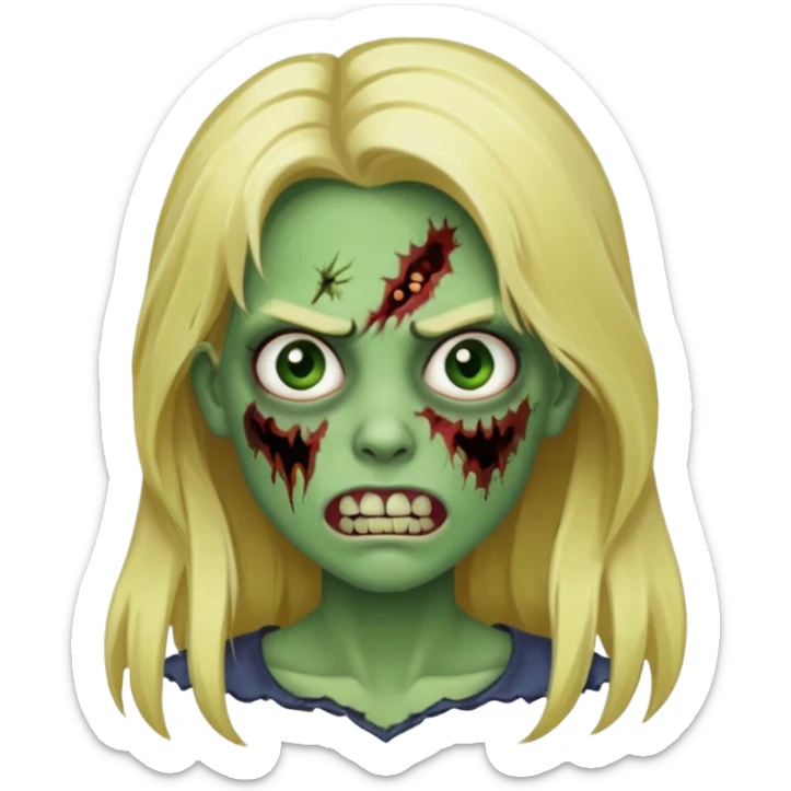 girl zombie with blonde long hair with teeth green skin and serious face sticker