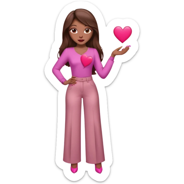  emoji, inspired with brunette hair, brown eyes, long hair, heart shape lips and pink make up  and pink nails, mauve pink blush and brown wide leg pants, burgundy shoulder drop shirt, brown heels , princess hair, brown heels, no floating hearts  sticker