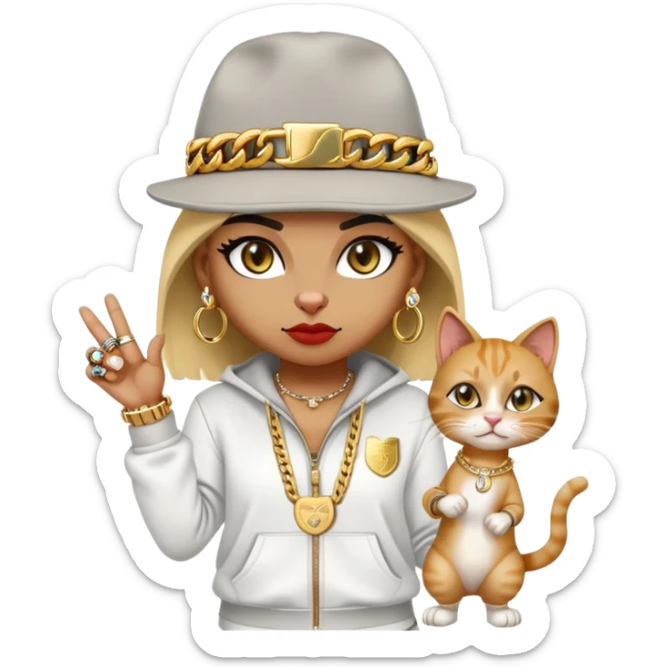 female cat wearing Run DMC hip-hop outfit with tracksuit, fedora, Adidas sneakers, many gold chains, rings, bracelets, flashy earrings, eyes averted, talking to a friend, no sunglasses sticker