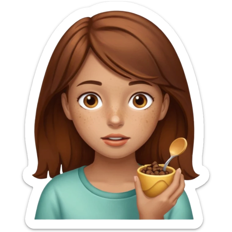 Brown hair girl with brown eyes and freckles eating poo sticker